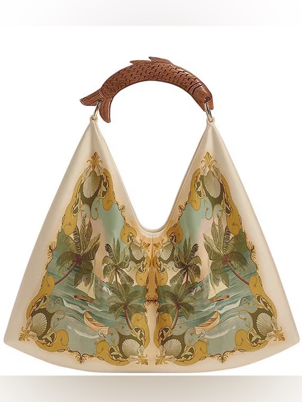 FARM Rio Cream Tropical-Print Shoulder Bag with Brown Fish-Shape Handle